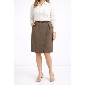 Benetton Brown Check Skirt – Size 40 / US 8 – Wrap Look Workwear